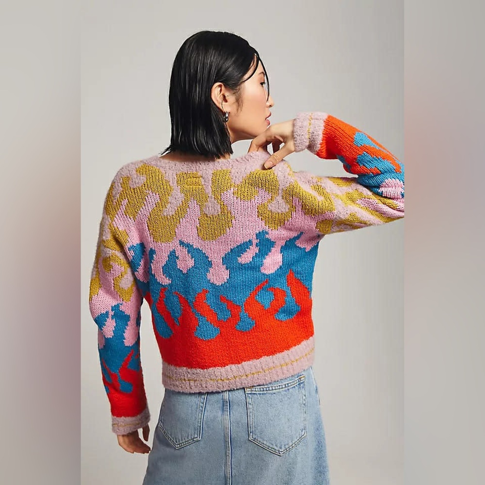 MOTHER Multicolor Abstract Colorblock Crewneck Sweater - Red, Blue, Pink - Picture 2 of 4
